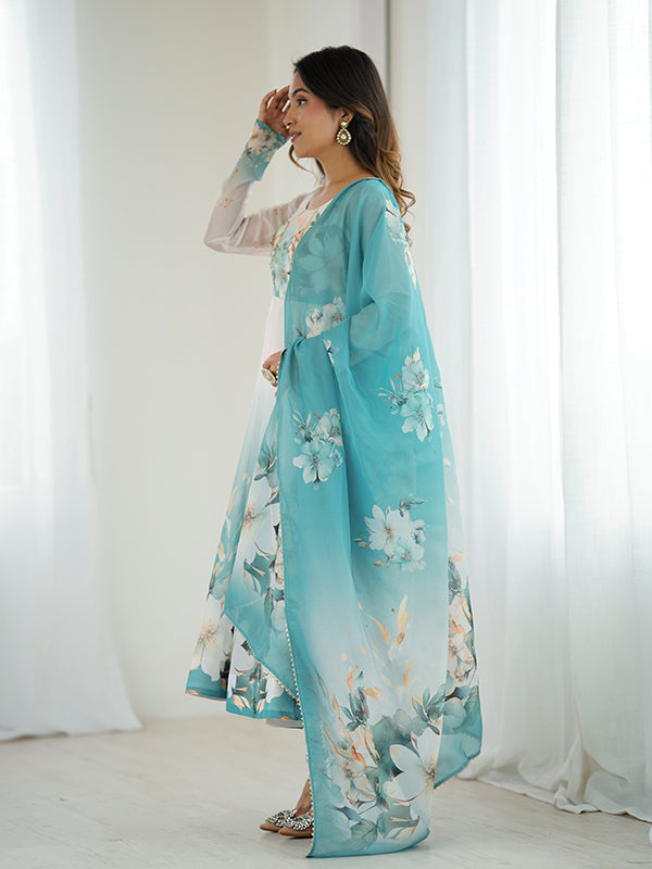 Aqua Blue Floral Printed Anarkali Gown With Pant & Dupatta Set