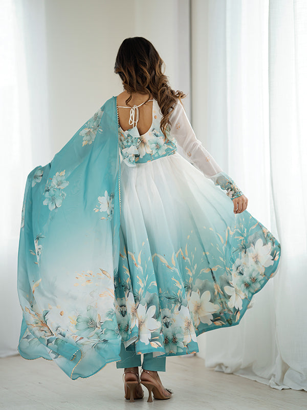 Aqua Blue Floral Printed Anarkali Gown With Pant & Dupatta Set