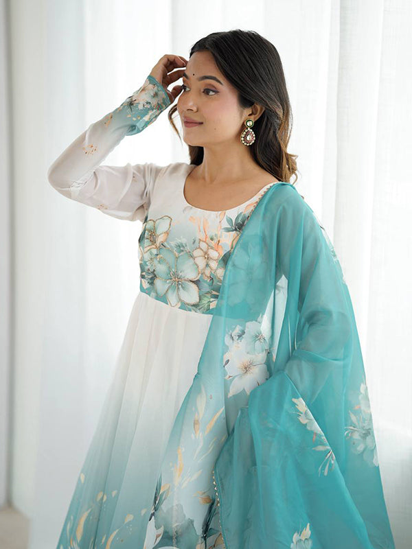 Aqua Blue Floral Printed Anarkali Gown With Pant & Dupatta Set