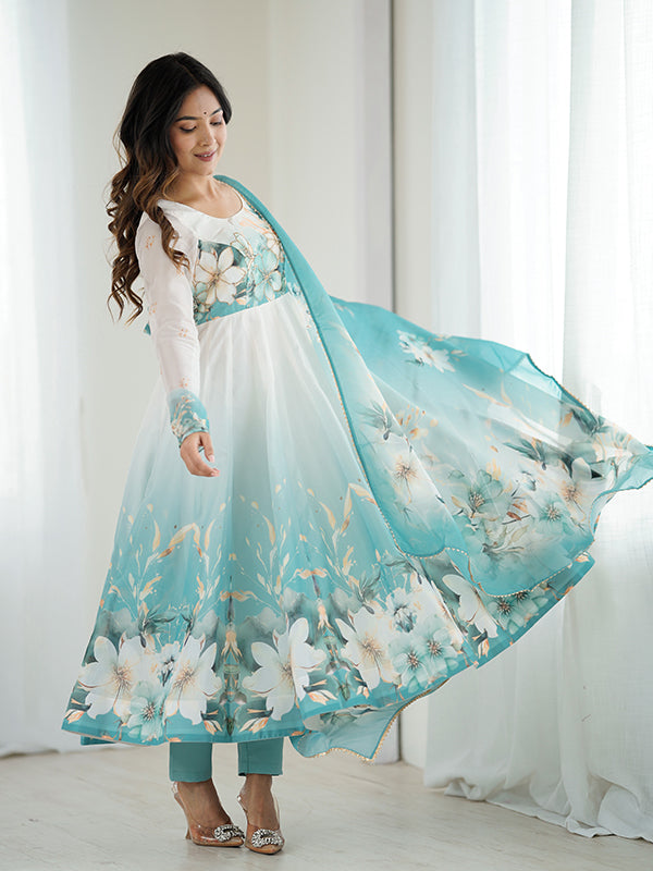 Aqua Blue Floral Printed Anarkali Gown With Pant & Dupatta Set