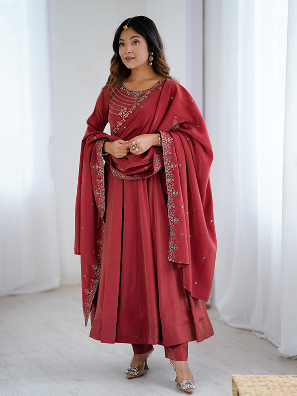 Maroon Beads Work Shimmer Chanderi Silk Gown