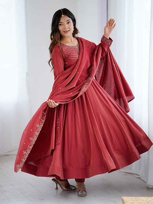 Maroon Beads Work Shimmer Chanderi Silk Gown