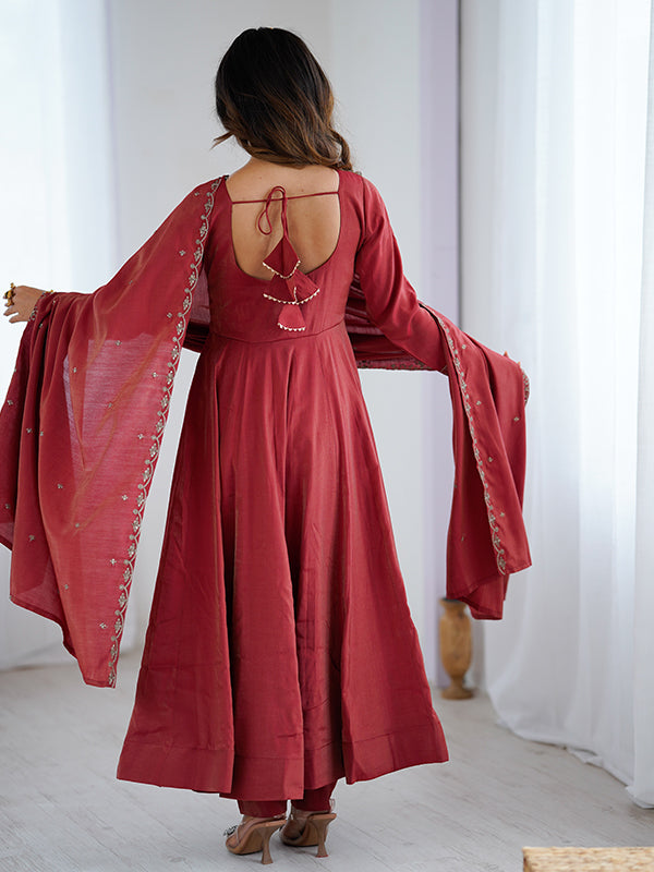 Maroon Beads Work Shimmer Chanderi Silk Gown