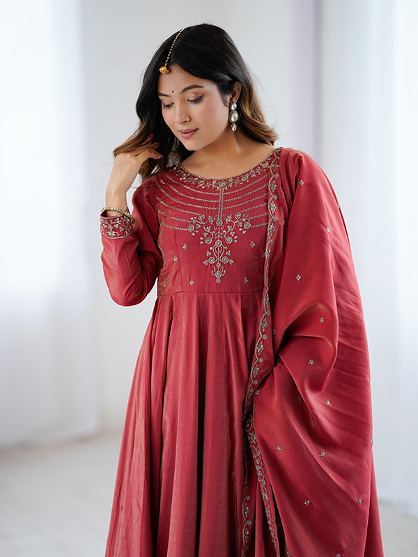 Maroon Beads Work Shimmer Chanderi Silk Gown