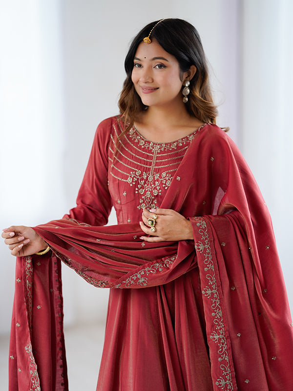 Maroon Beads Work Shimmer Chanderi Silk Gown
