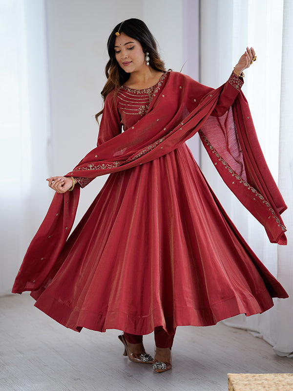Maroon Beads Work Shimmer Chanderi Silk Gown