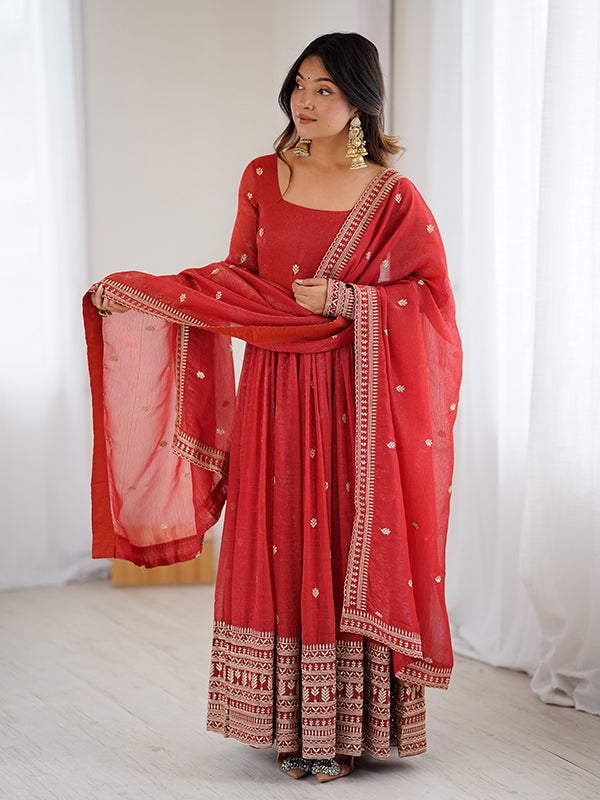 Rust Orange Embroidery Sequence Work Crunchy Silk Gown With Dupatta