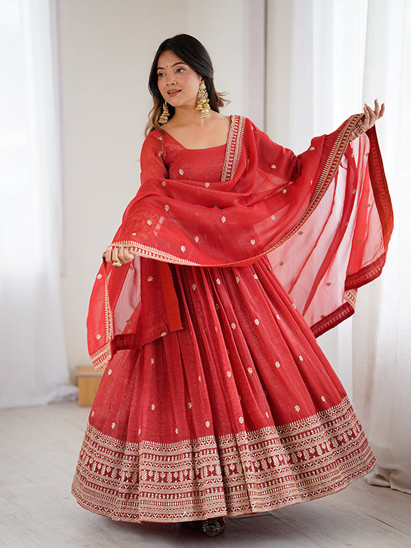 Rust Orange Embroidery Sequence Work Crunchy Silk Gown With Dupatta