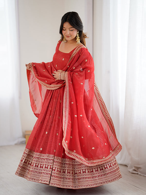 Rust Orange Embroidery Sequence Work Crunchy Silk Gown With Dupatta