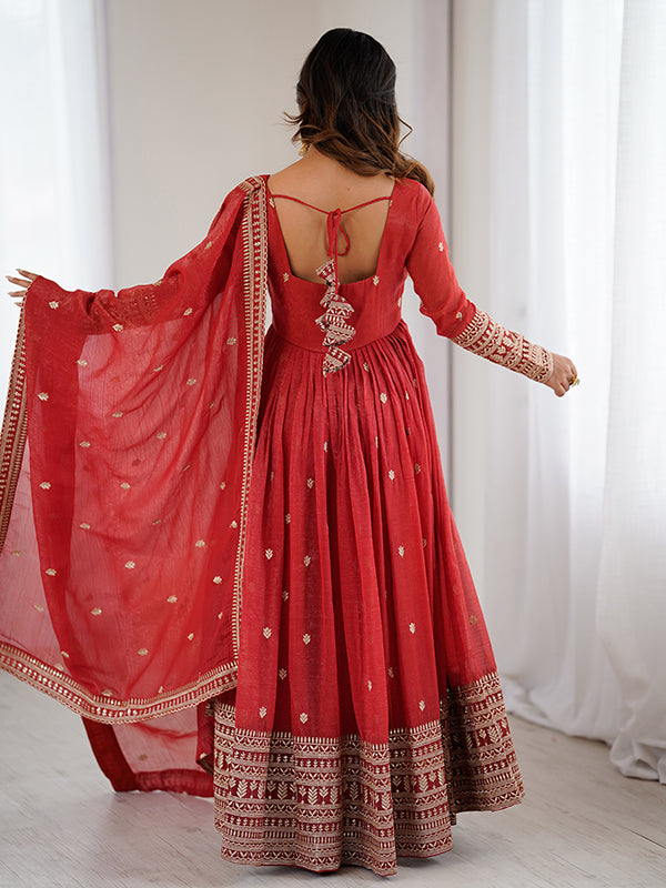 Rust Orange Embroidery Sequence Work Crunchy Silk Gown With Dupatta