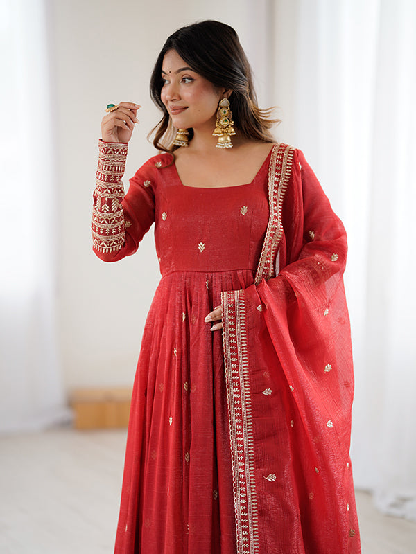 Rust Orange Embroidery Sequence Work Crunchy Silk Gown With Dupatta