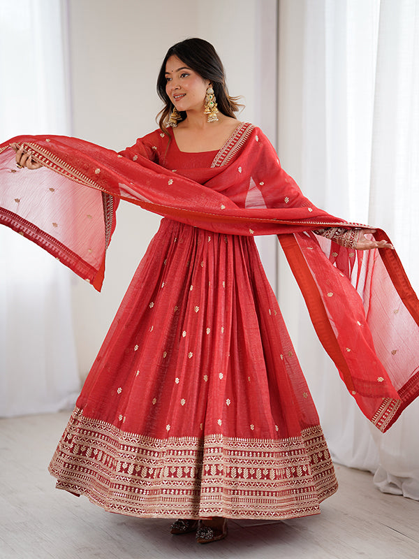 Rust Orange Embroidery Sequence Work Crunchy Silk Gown With Dupatta