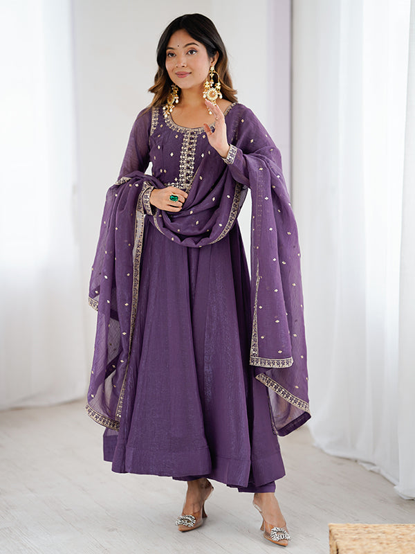 Purple Embroidery Sequence Work Crunchy Silk Anarkali Gown With Pant & Dupatta Set