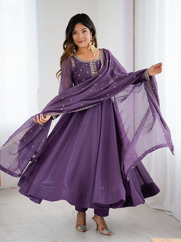 Purple Embroidery Sequence Work Crunchy Silk Anarkali Gown With Pant & Dupatta Set