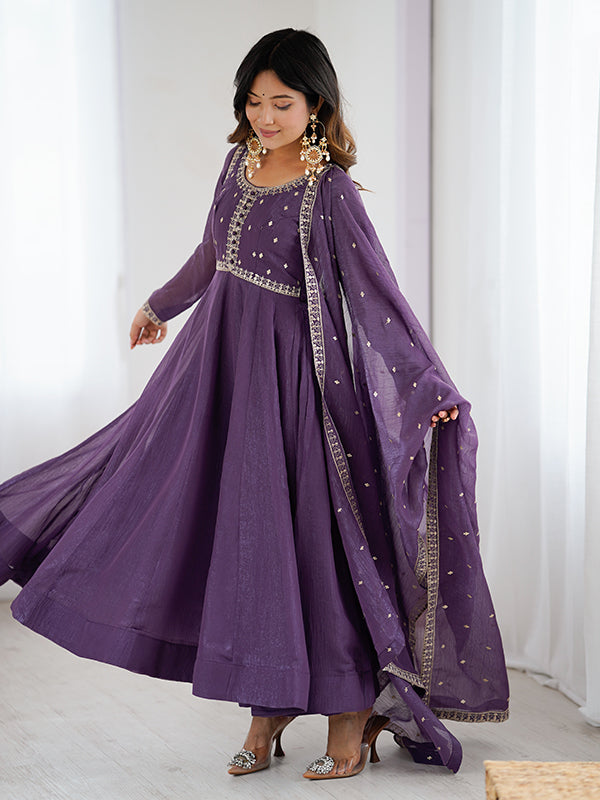 Purple Embroidery Sequence Work Crunchy Silk Anarkali Gown With Pant & Dupatta Set