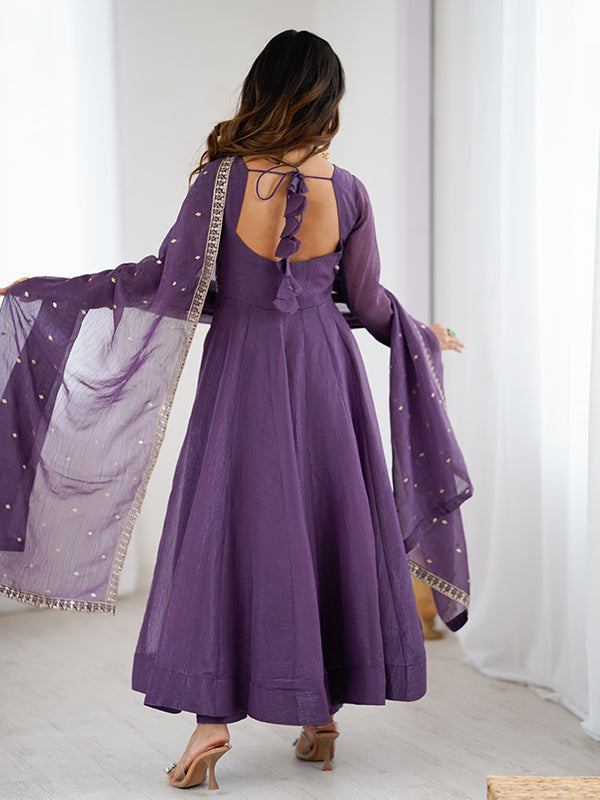 Purple Embroidery Sequence Work Crunchy Silk Anarkali Gown With Pant & Dupatta Set