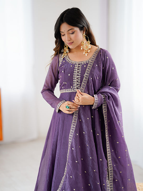 Purple Embroidery Sequence Work Crunchy Silk Anarkali Gown With Pant & Dupatta Set