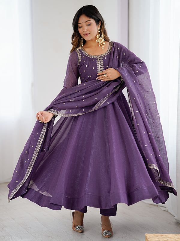 Purple Embroidery Sequence Work Crunchy Silk Anarkali Gown With Pant & Dupatta Set