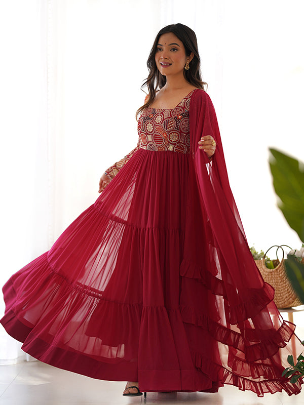 Dark Pink Fully Flair Georgette Gown With Ruffle Dupatta