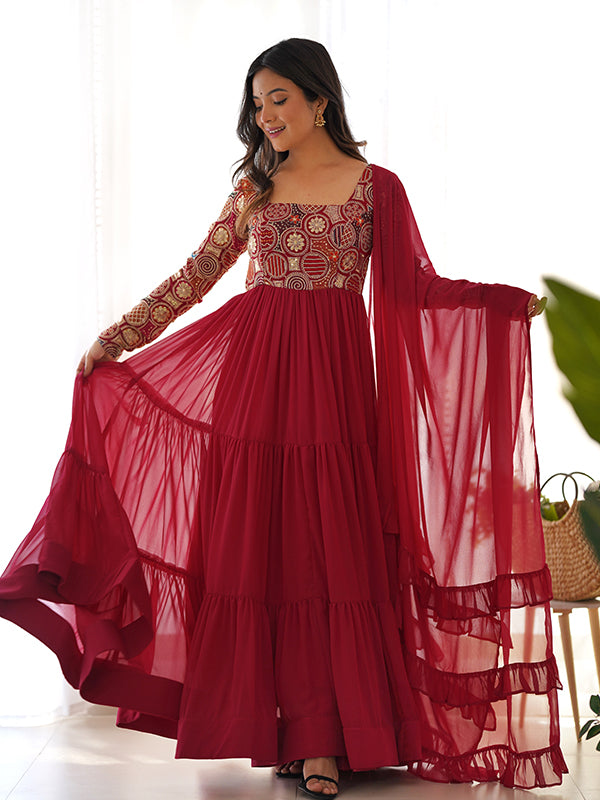 Dark Pink Fully Flair Georgette Gown With Ruffle Dupatta