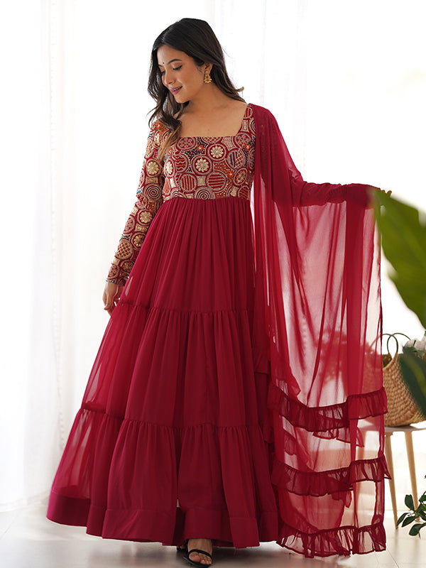 Dark Pink Fully Flair Georgette Gown With Ruffle Dupatta