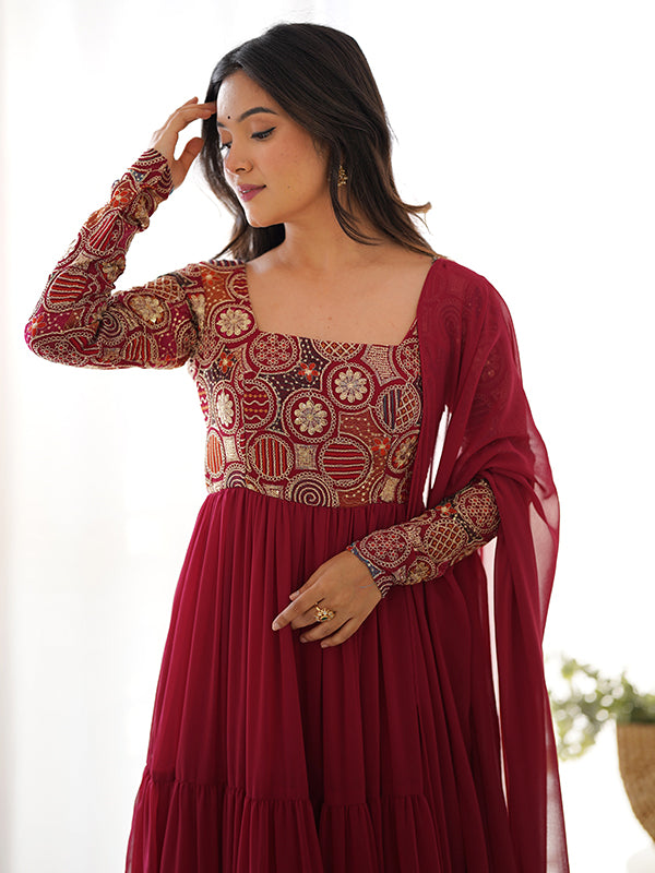 Dark Pink Fully Flair Georgette Gown With Ruffle Dupatta