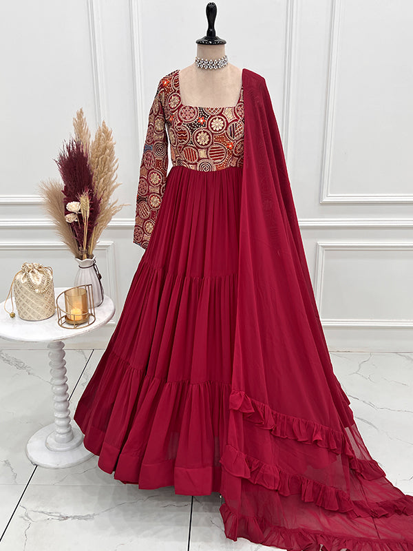 Dark Pink Fully Flair Georgette Gown With Ruffle Dupatta