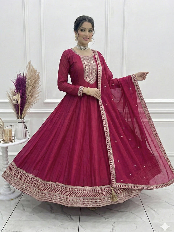 Dark Pink Vichitra Silk Anarkali Gown With Embroidery Sequence Work Dupatta