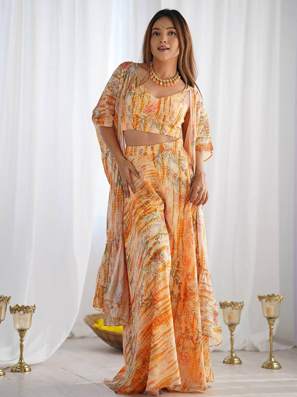 Yellow Floral Printed Fox Georgette Crop Top Plazzo With Shrug