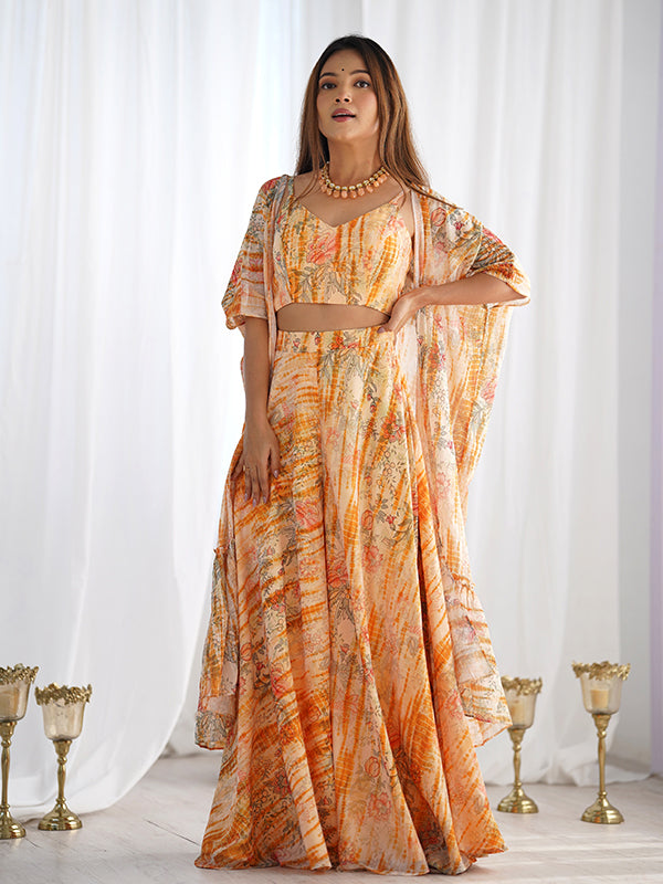 Yellow Floral Printed Fox Georgette Crop Top Plazzo With Shrug