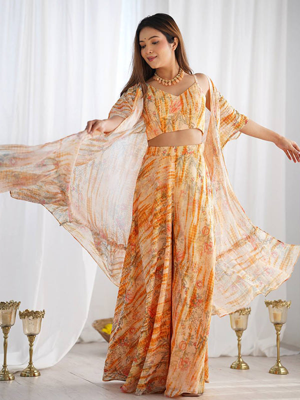 Yellow Floral Printed Fox Georgette Crop Top Plazzo With Shrug