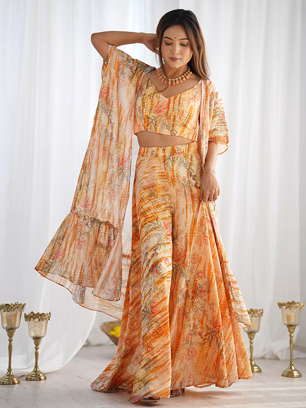 Yellow Floral Printed Fox Georgette Crop Top Plazzo With Shrug