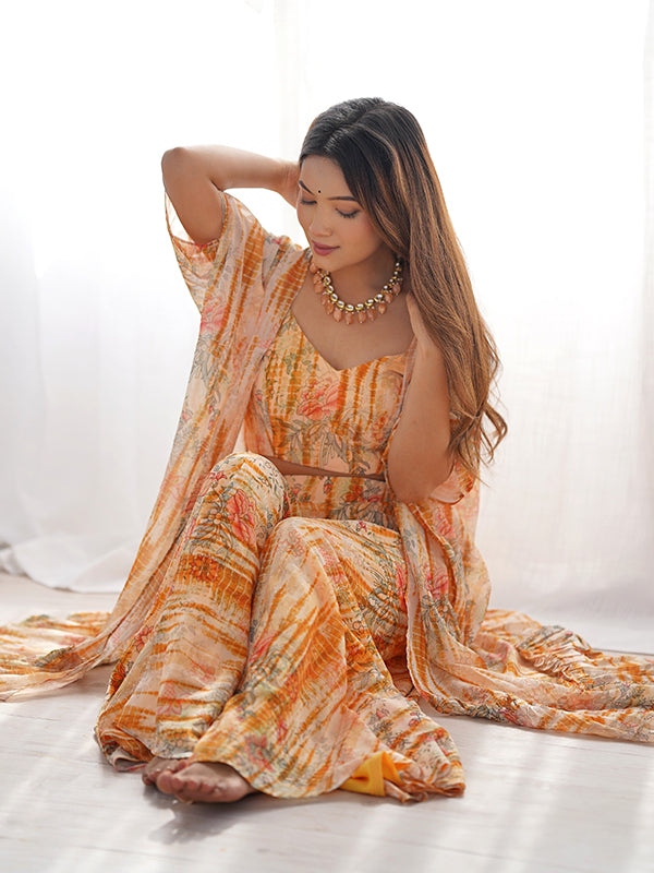 Yellow Floral Printed Fox Georgette Crop Top Plazzo With Shrug