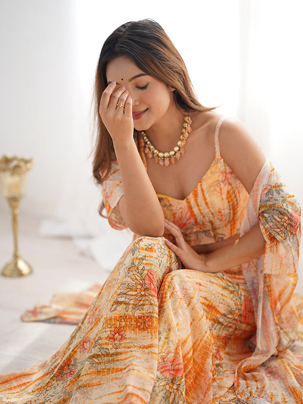 Yellow Floral Printed Fox Georgette Crop Top Plazzo With Shrug