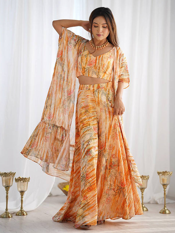 Yellow Floral Printed Fox Georgette Crop Top Plazzo With Shrug