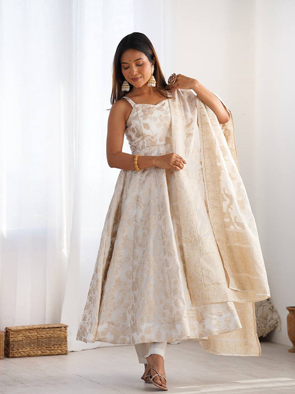 White Banarasi Jacquard Dola Silk Gown With Dupatta
