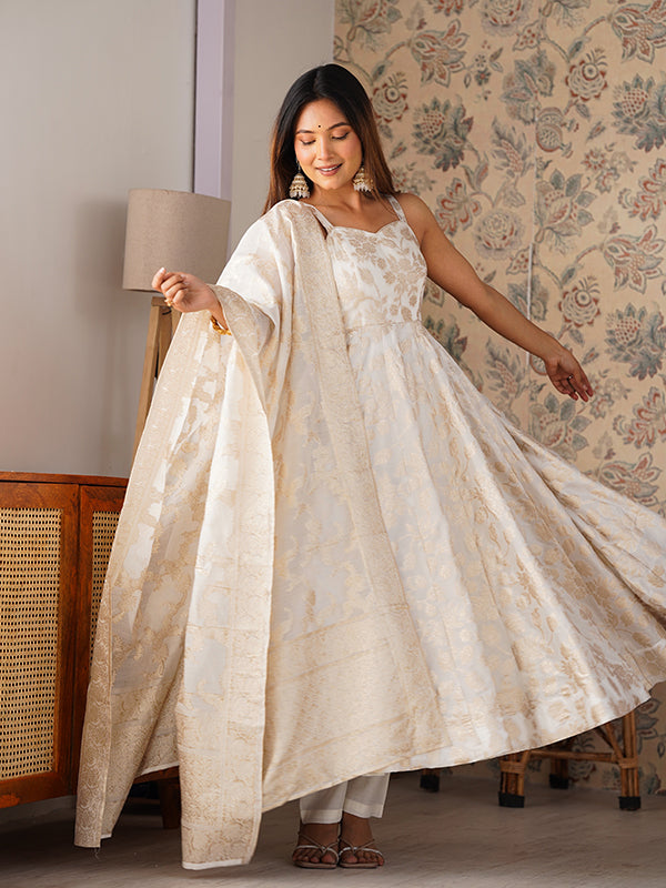 White Banarasi Jacquard Dola Silk Gown With Dupatta