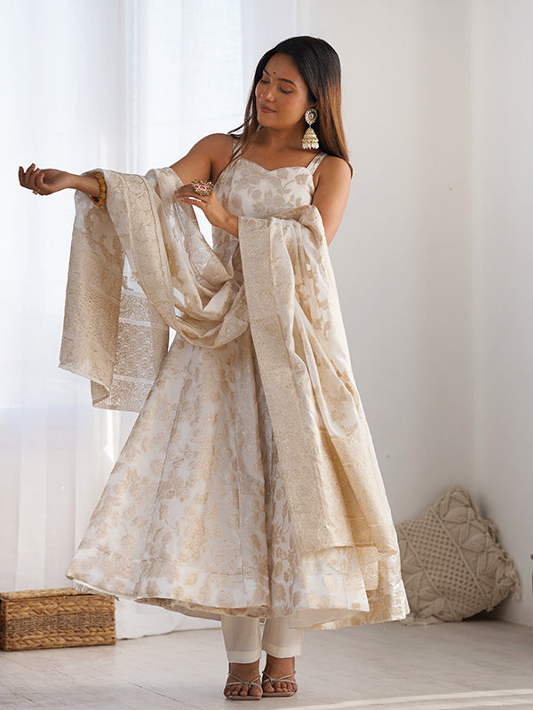 White Banarasi Jacquard Dola Silk Gown With Dupatta