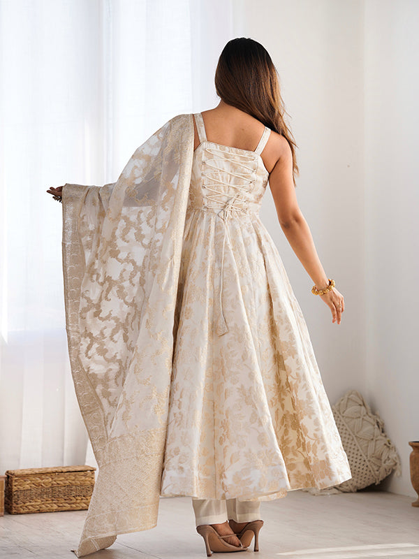 White Banarasi Jacquard Dola Silk Gown With Dupatta