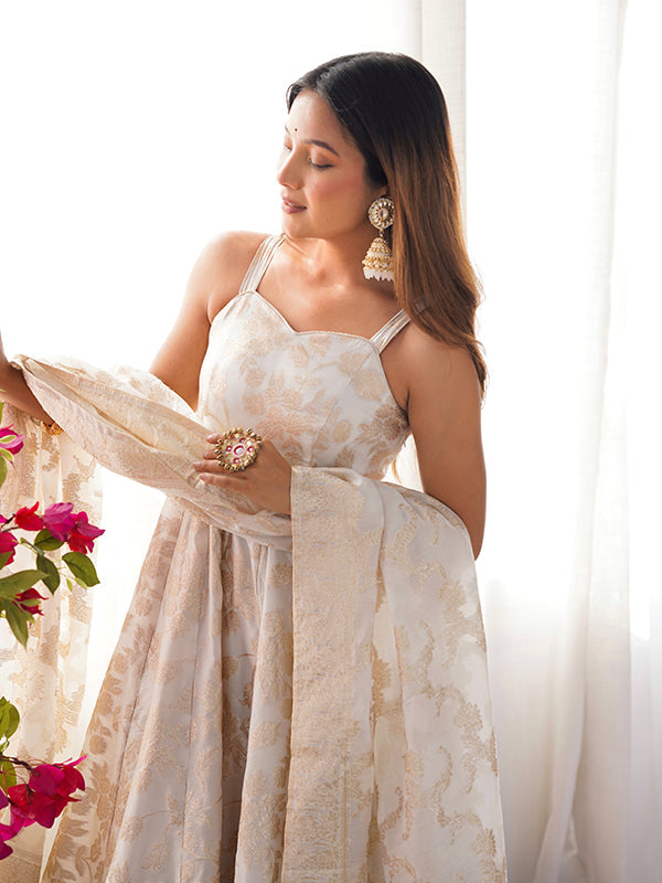 White Banarasi Jacquard Dola Silk Gown With Dupatta