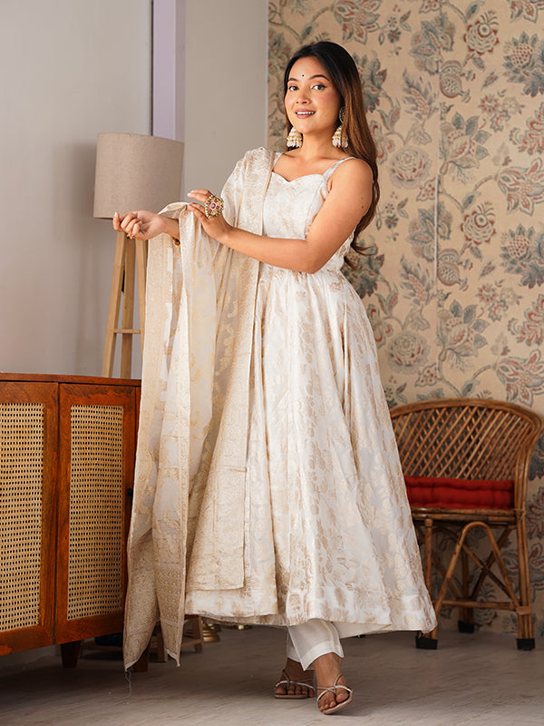 White Banarasi Jacquard Dola Silk Gown With Dupatta