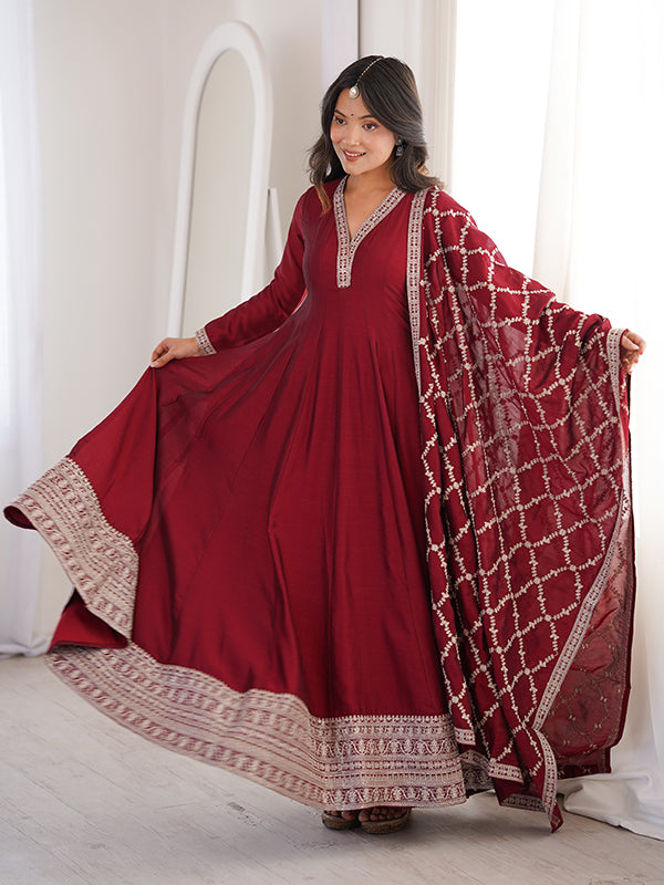 Maroon Fancy Lace Work Vichitra Silk Anarkali Gown With Dupatta