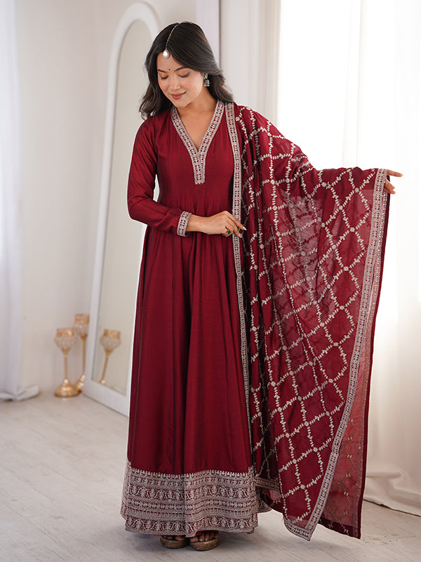 Maroon Fancy Lace Work Vichitra Silk Anarkali Gown With Dupatta