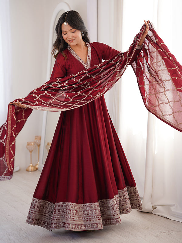 Maroon Fancy Lace Work Vichitra Silk Anarkali Gown With Dupatta