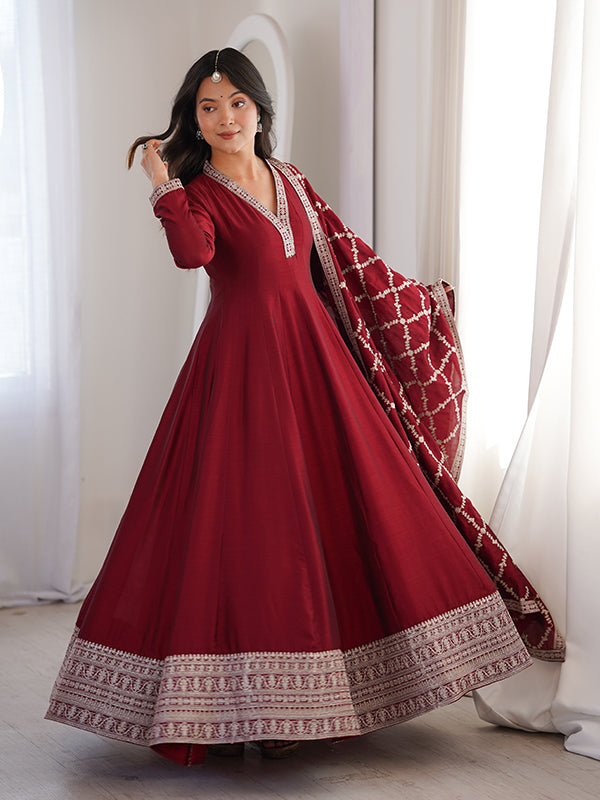 Maroon Fancy Lace Work Vichitra Silk Anarkali Gown With Dupatta