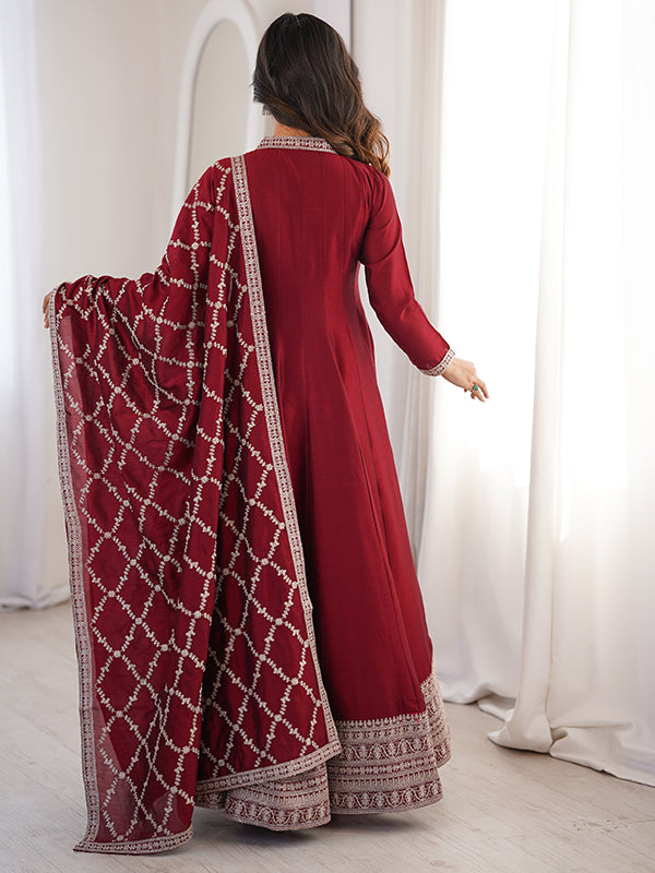 Maroon Fancy Lace Work Vichitra Silk Anarkali Gown With Dupatta