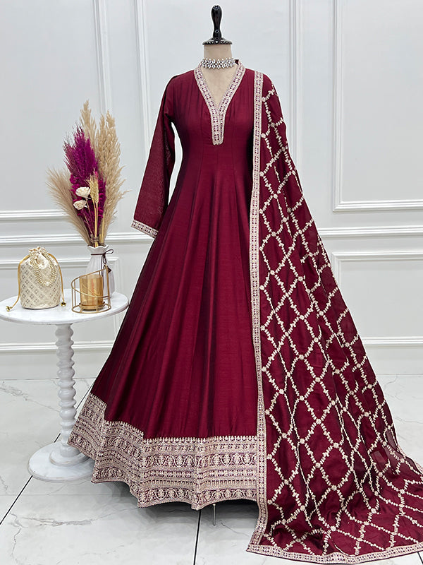 Maroon Fancy Lace Work Vichitra Silk Anarkali Gown With Dupatta