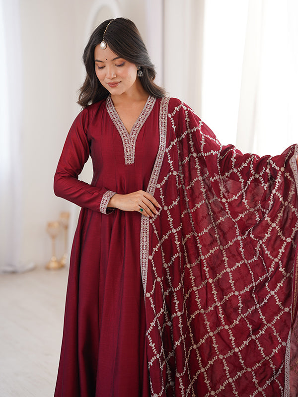 Maroon Fancy Lace Work Vichitra Silk Anarkali Gown With Dupatta
