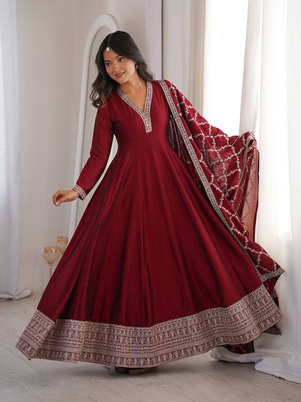 Maroon Fancy Lace Work Vichitra Silk Anarkali Gown With Dupatta