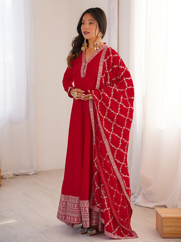 Red Fancy Lace Work Vichitra Silk Anarkali Gown With Dupatta